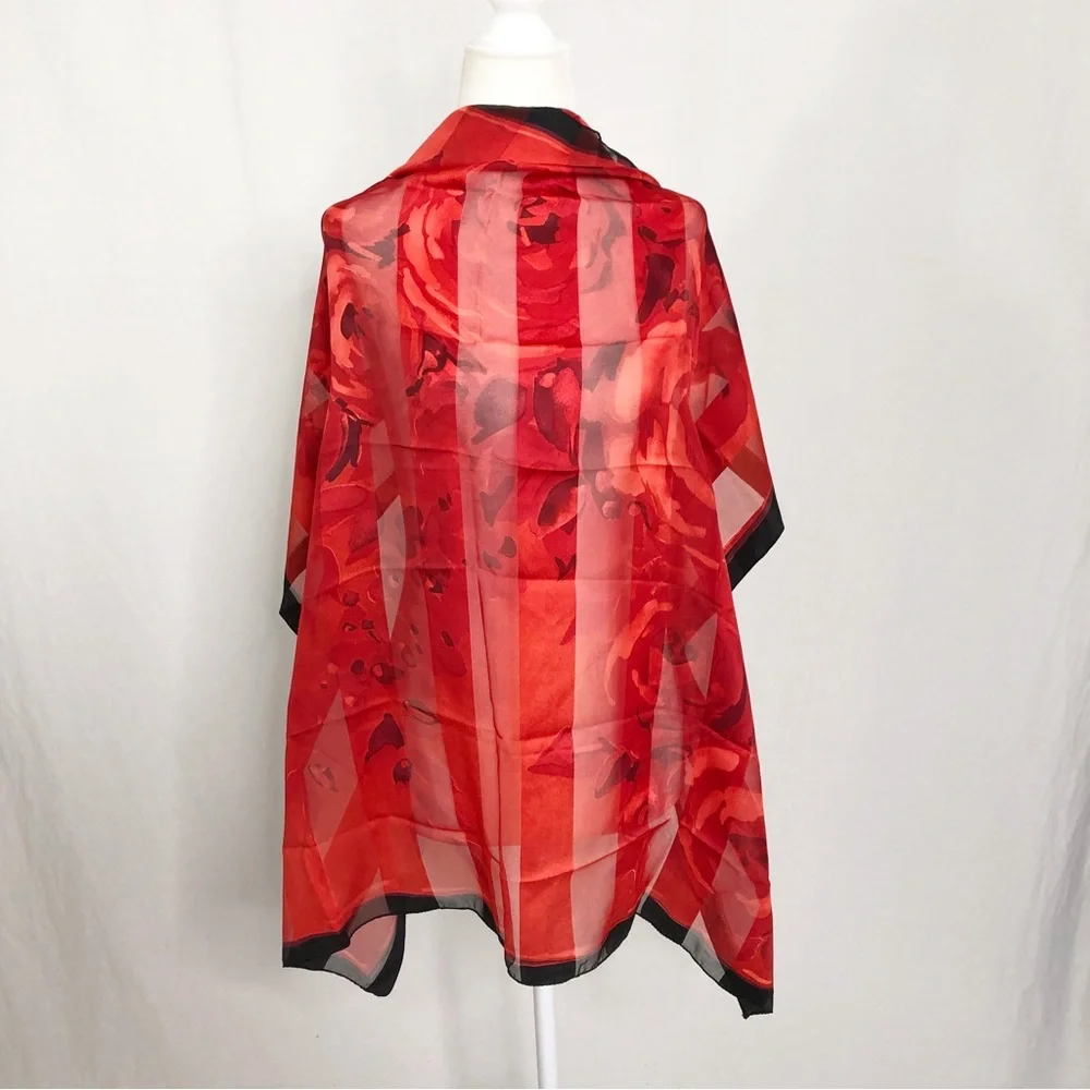 NEW Art of the Scarf Vintage Silky Rose Floral Scarf, Red Black